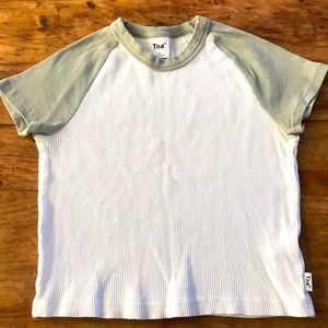 White TNA t-shirt with light green sleeves size xs